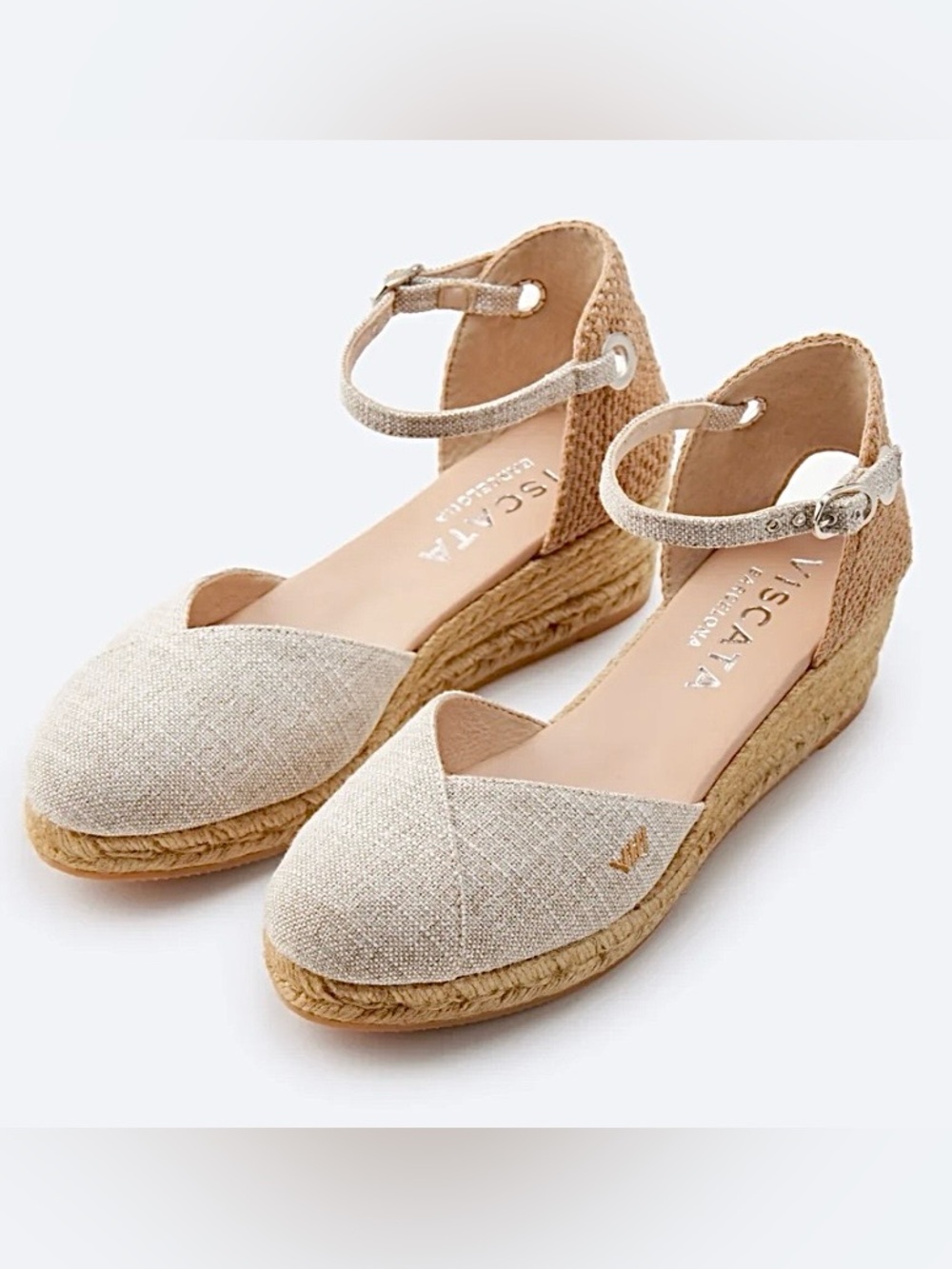 Viscata Pubol Canvas Espadrille Wedge Sandals 40 9 Leather Metallic Ankle Strap